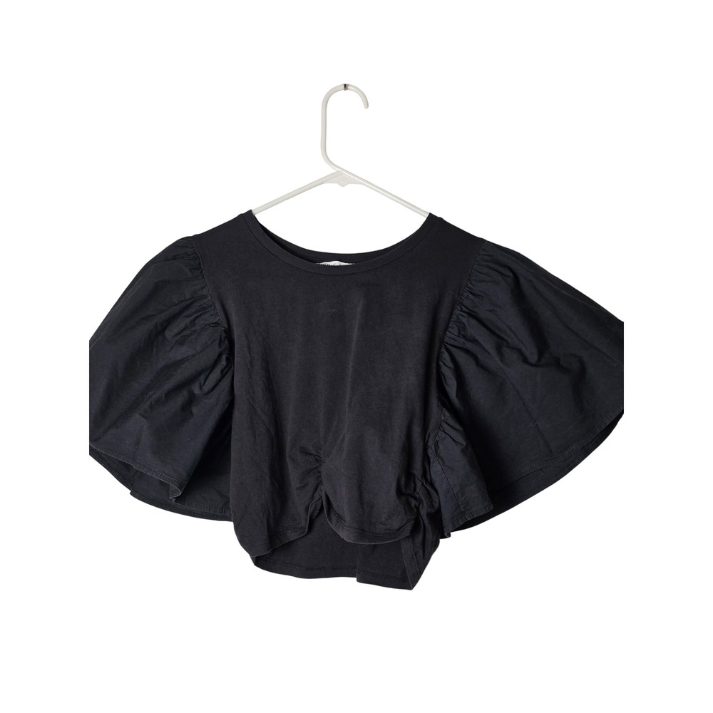 Zara Womens Black Puff Sleeve Ruched Front Crop Top Large Goth Minimalist